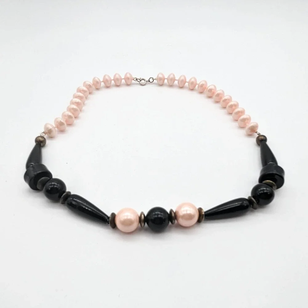 Vintage Chunky Pink And Black Beaded Necklace w/ Sphere Disc and Teardrop Shapes